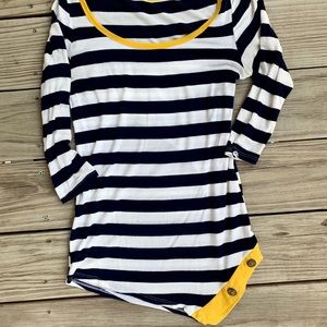 Navy Striped Button Detail 3/4 Length Sleeve Top